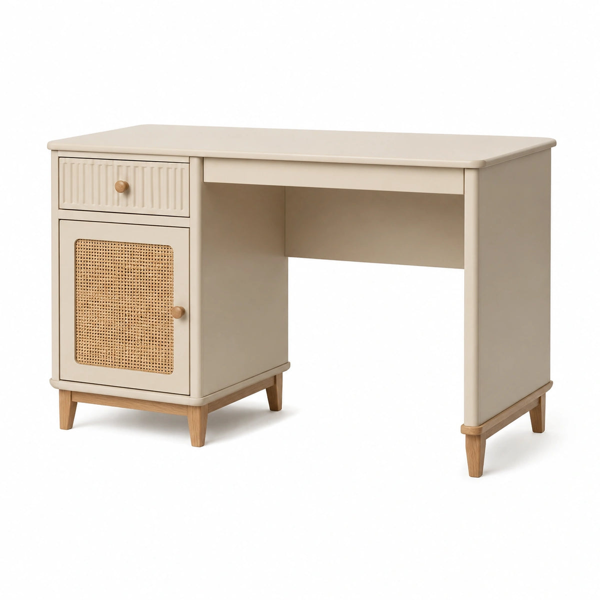 Style scandinave beige et naturel avec tiroir, porte en cannage et rangement latéral, 120 x 55 x 75 cm