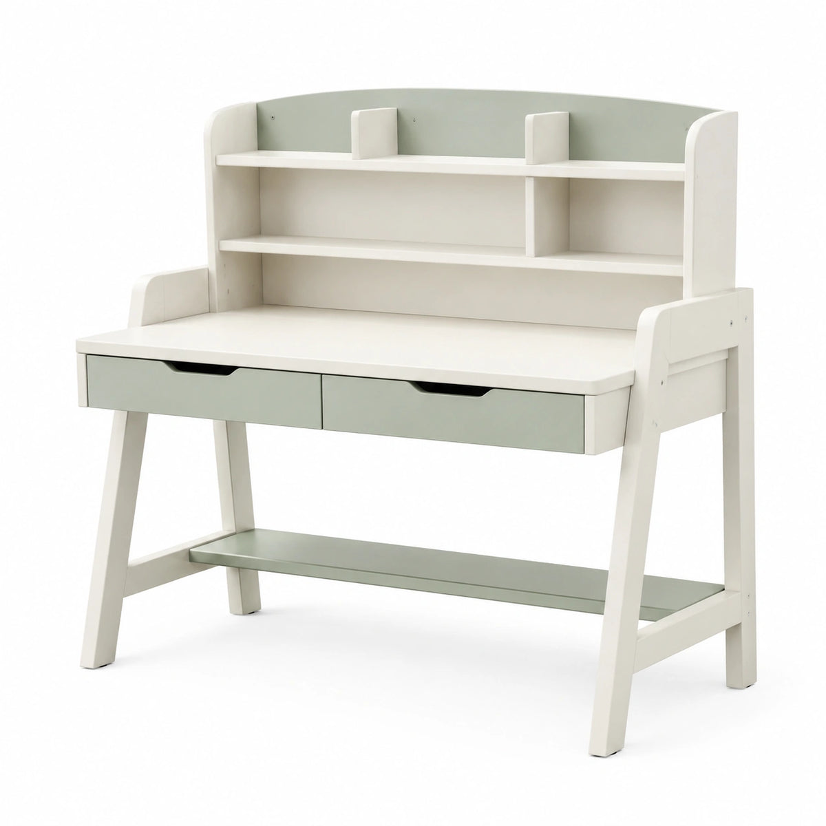Bureau enfant blanc et vert pâle avec étagères et 2 tiroirs, 100 x 60 x 130 cm