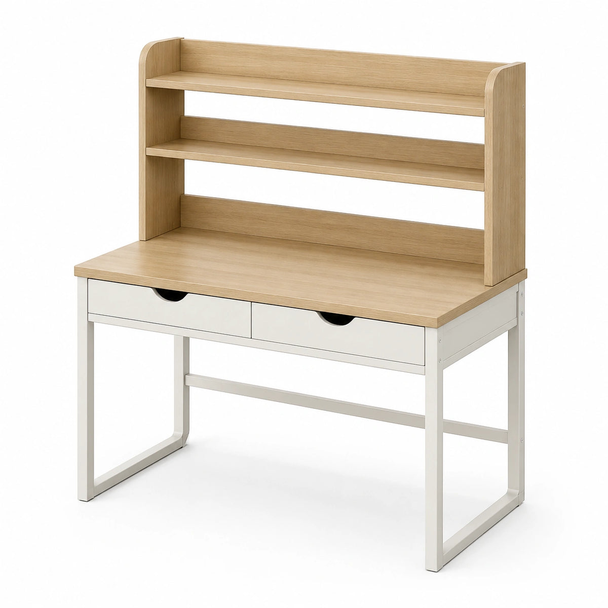 Bureau avec étagères et 2 tiroirs, 100 x 60 x 150 cm, Bois naturel et Blanc