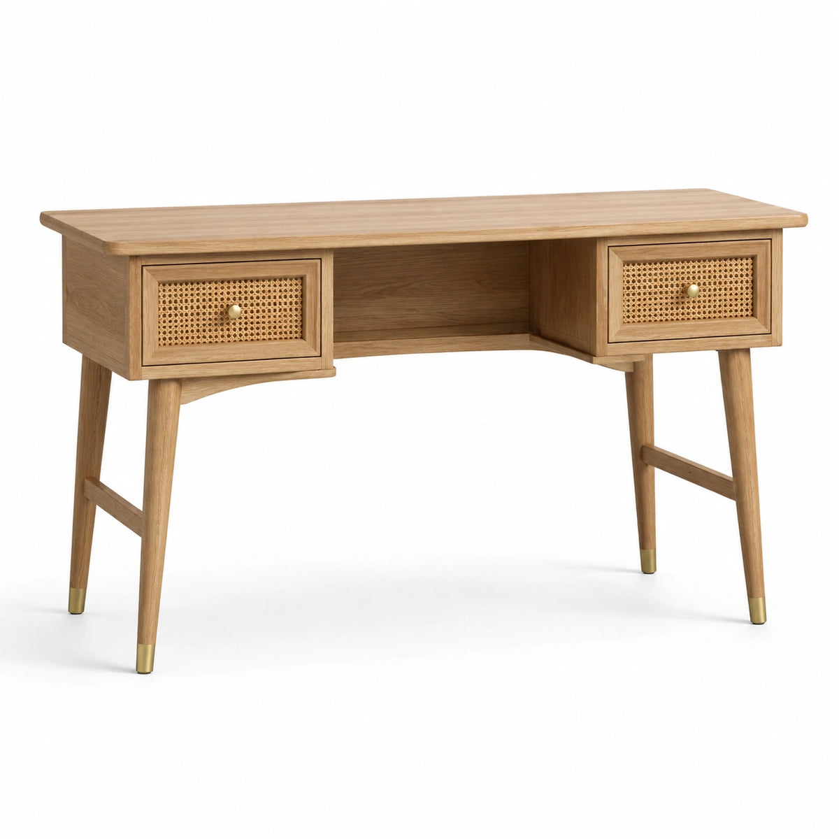 Bureau vintage en bois naturel avec 2 tiroirs cannés, 120 x 60 x 76 cm