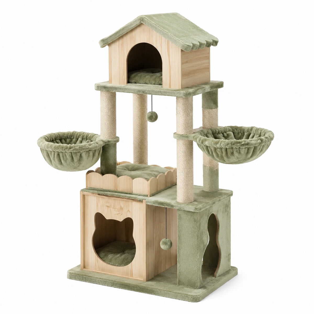Arbre à chat 70 x 60 x 150 cm en bois naturel et peluche vert sauge, avec niches, hamacs et poteaux en sisal