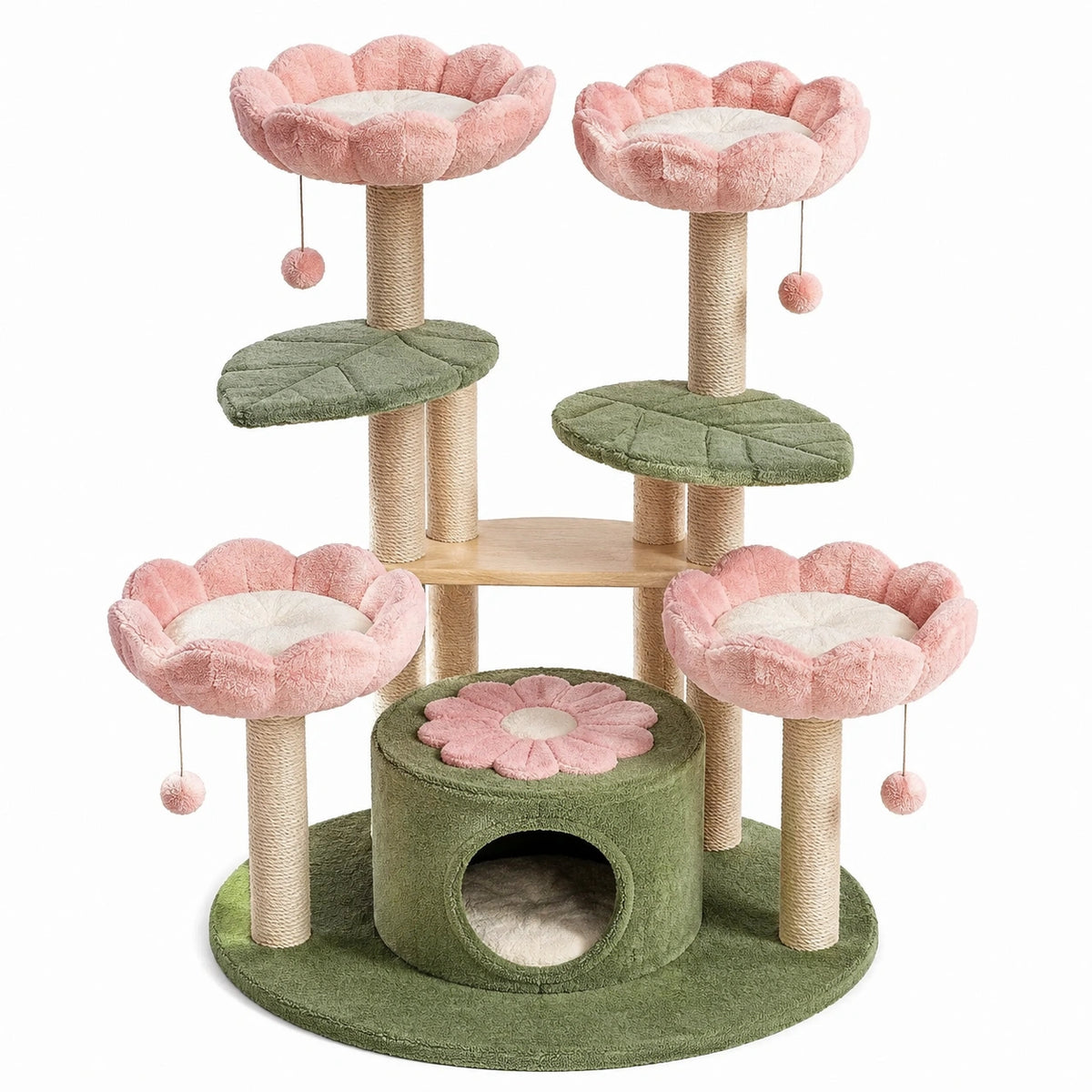 Arbre à chat floral 80 x 60 x 145 cm en peluche, sisal et bois Rose/Vert/Beige