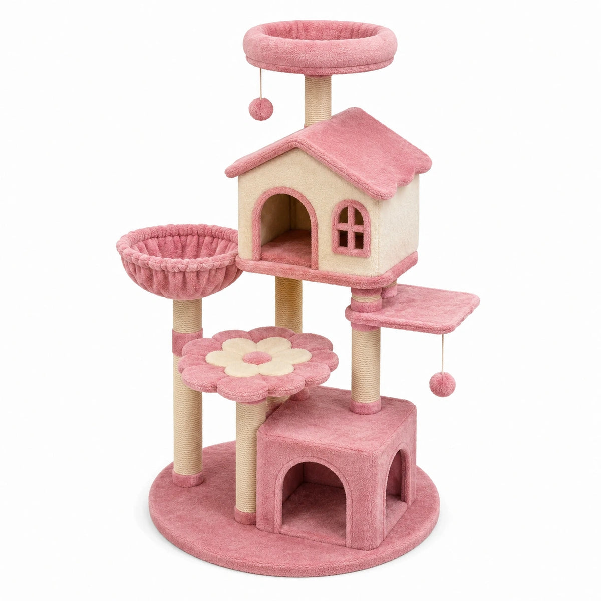 Arbre à chat rose et crème 60 x 50 x 140 cm avec niches, poteaux en sisal et jouets suspendus