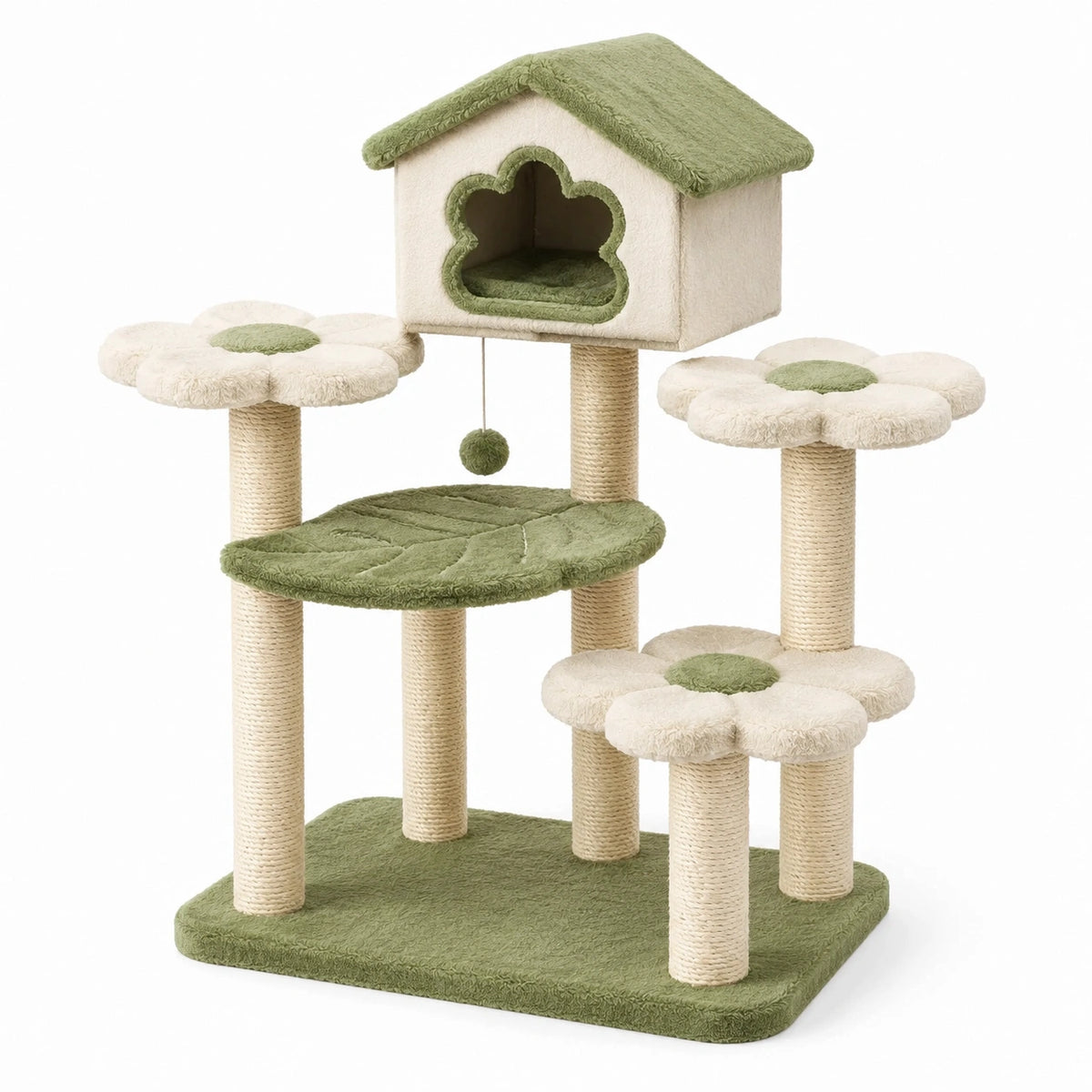 Arbre à chat floral vert et ivoire 50 x 50 x 110 cm avec niche, plateformes et poteaux en sisal