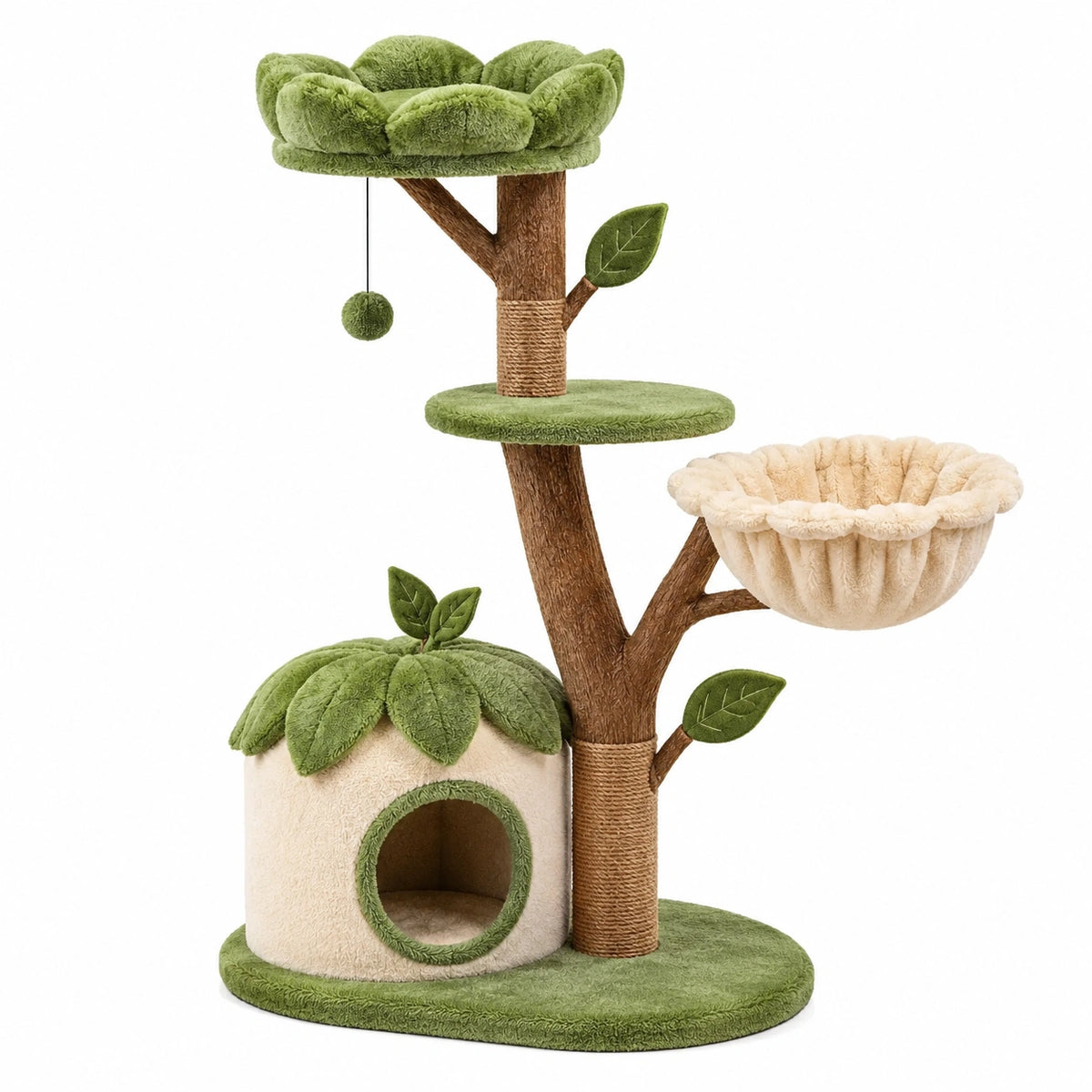 Arbre à chat naturel 60 x 60 x 130 cm Vert, Crème et Marron avec niche, panier suspendu et poteaux à griffer
