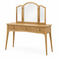Coiffeuse rétro en bois naturel et doré, miroir triptyque, 3 tiroirs, 110 x 45 x 145 cm