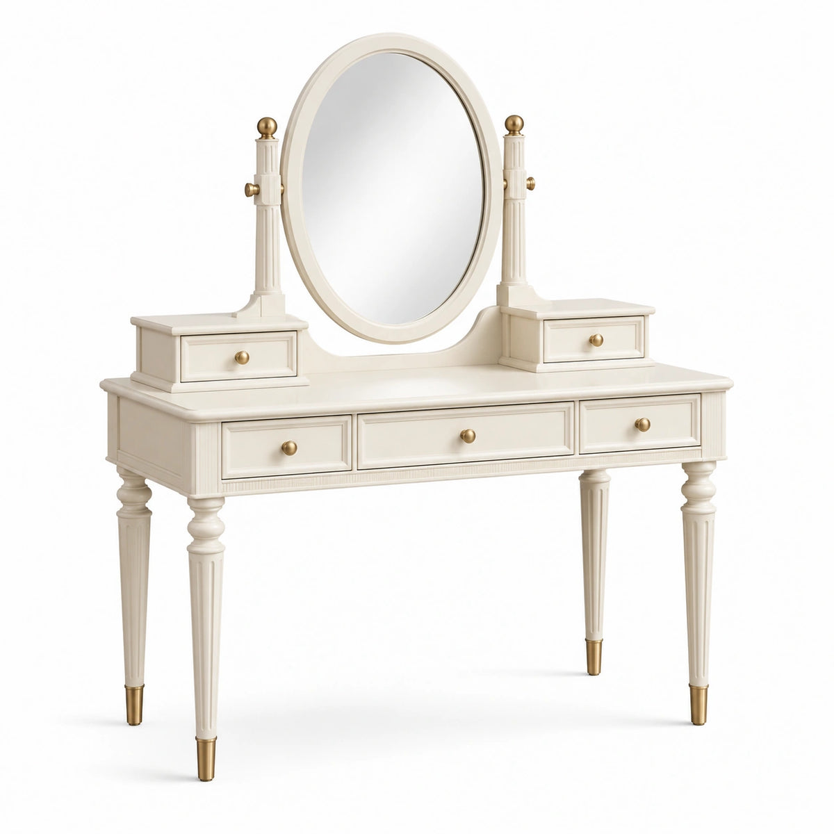 Coiffeuse classique blanche et dorée avec miroir ovale pivotant, 120 x 45 x 145 cm