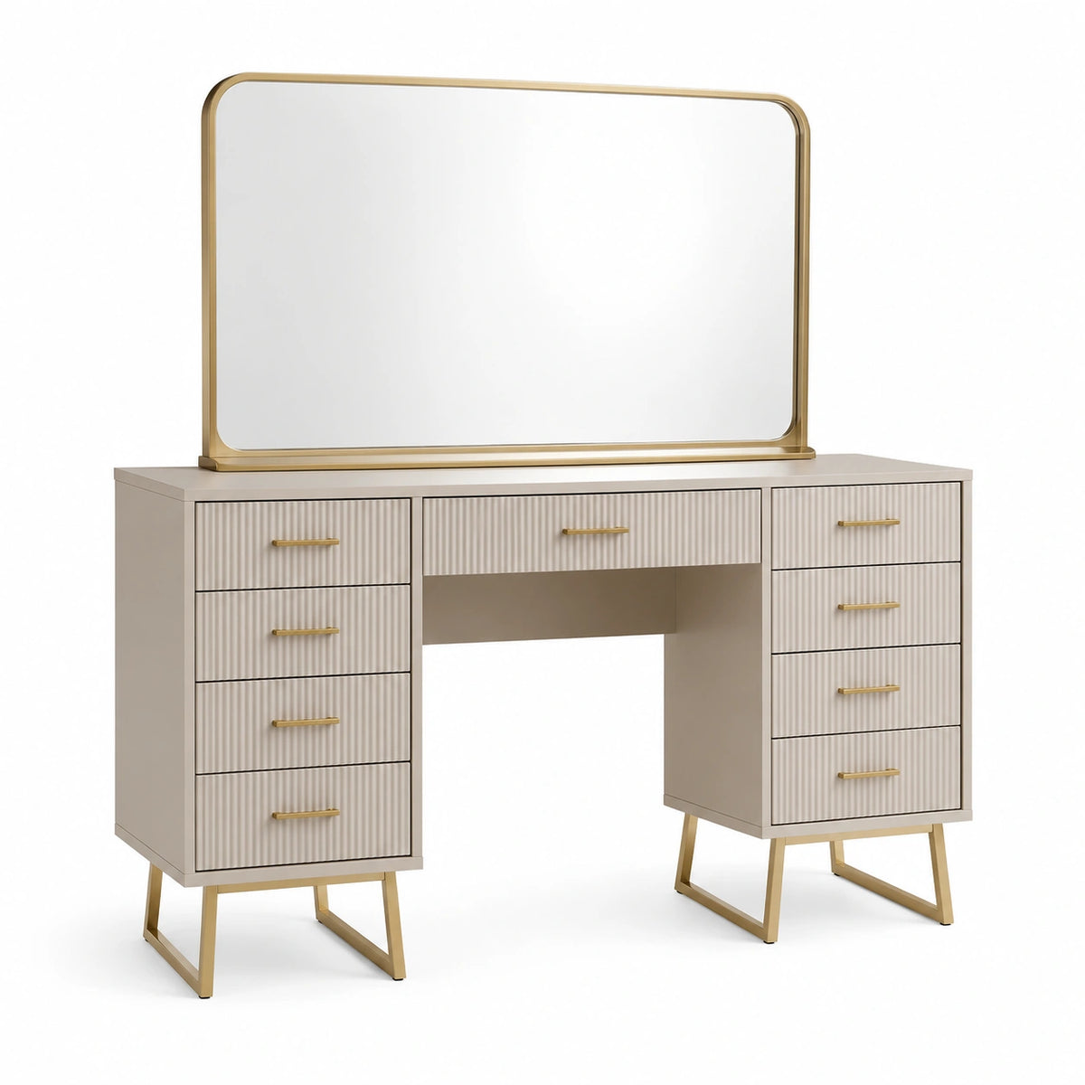 Coiffeuse contemporaine avec miroir, 120 x 45 x 150 cm, Beige et Doré