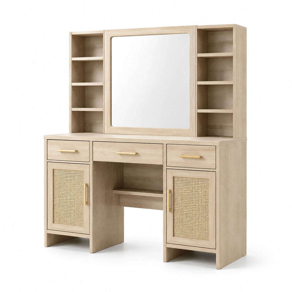 Coiffeuse avec miroir et rangements 120 x 45 x 180 cm, Chêne clair, Beige et Doré