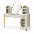 Coiffeuse contemporaine blanche et dorée 120 x 40 x 145 cm avec miroir rond, tiroirs et étagères