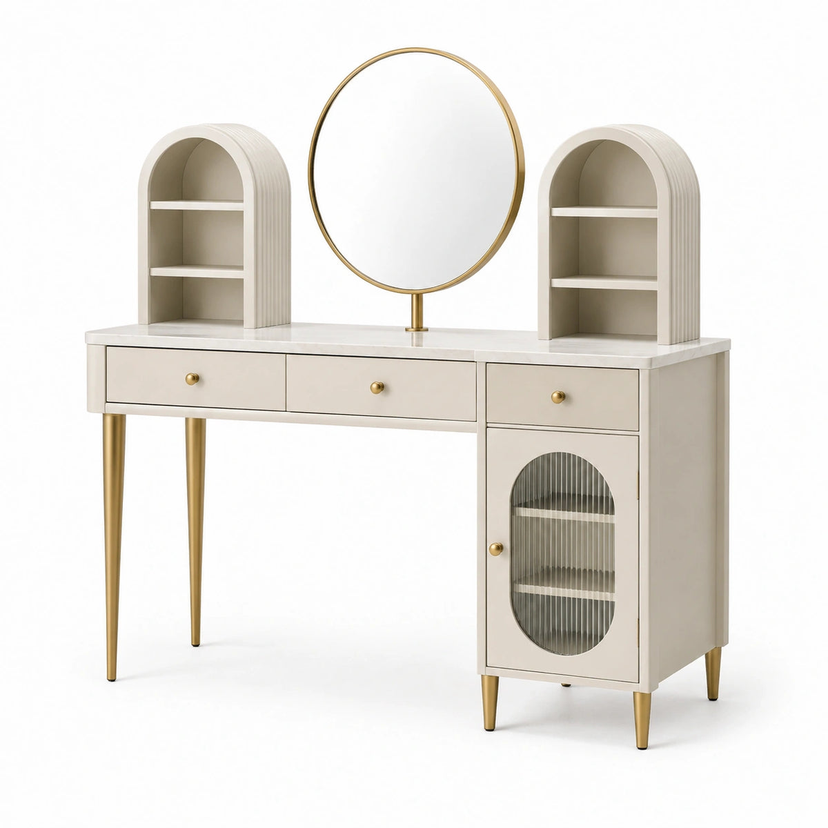 Coiffeuse contemporaine blanche et dorée 120 x 40 x 145 cm avec miroir rond, tiroirs et étagères