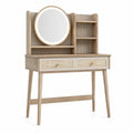 Coiffeuse scandinave beige 100 x 45 x 150 cm avec miroir rond LED, étagères et 2 tiroirs