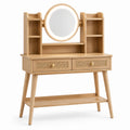Coiffeuse scandinave en bois naturel 100 x 45 x 155 cm avec miroir LED et rangements
