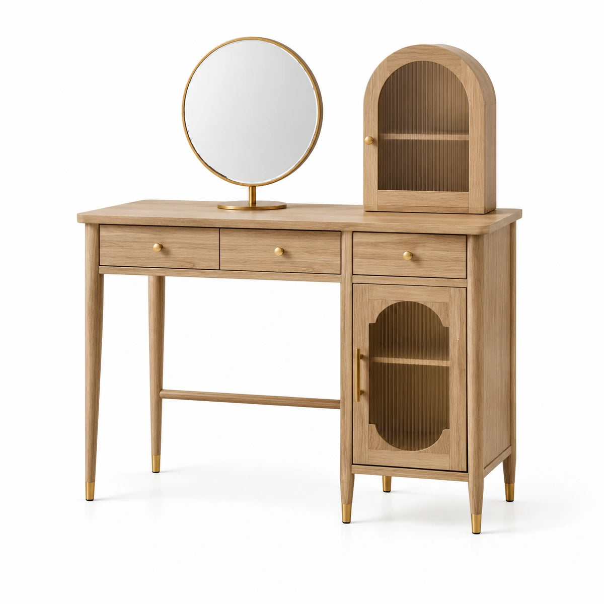 Coiffeuse rétro beige et dorée 120 x 45 x 76 cm avec miroir rond et rangements