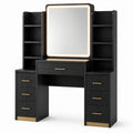 Coiffeuse contemporaine noir et doré 140 x 40 x 180 cm avec miroir lumineux et rangements