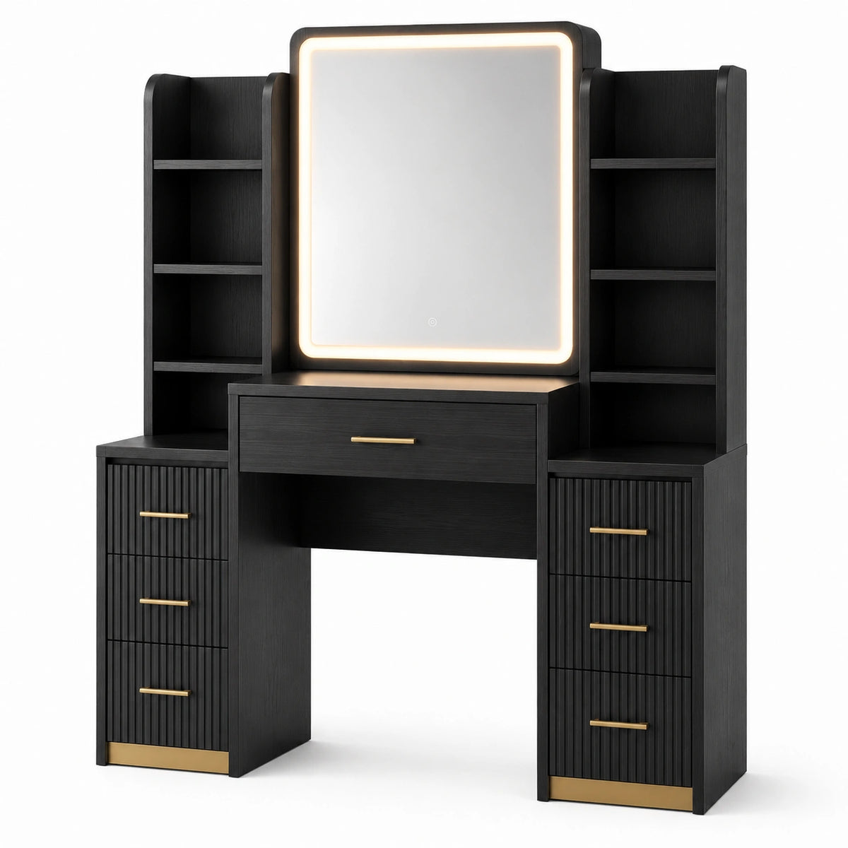 Coiffeuse contemporaine noir et doré 140 x 40 x 180 cm avec miroir lumineux et rangements
