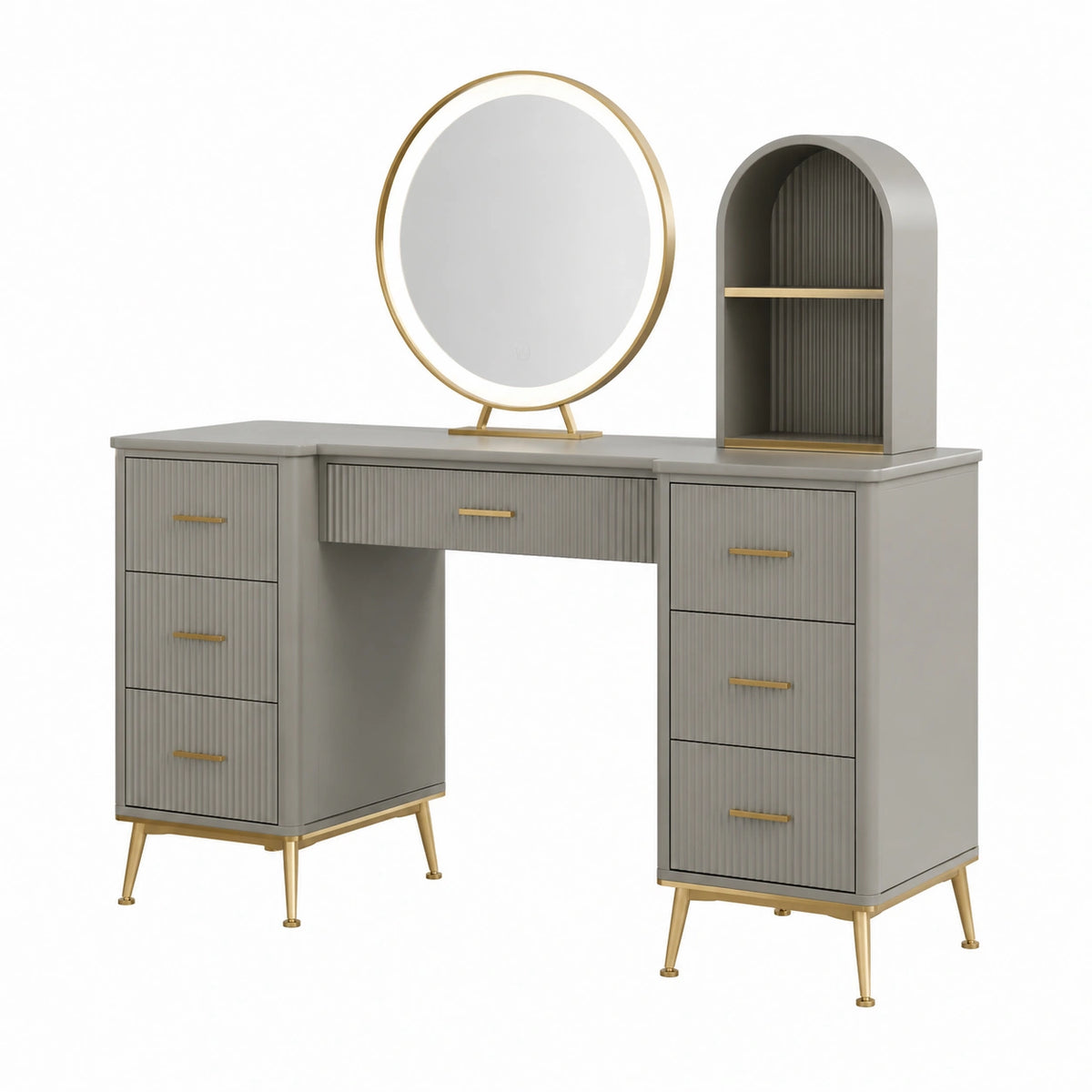 Coiffeuse contemporaine Gris et Doré 120 x 45 x 150 cm avec miroir rond, 7 tiroirs et étagère arquée