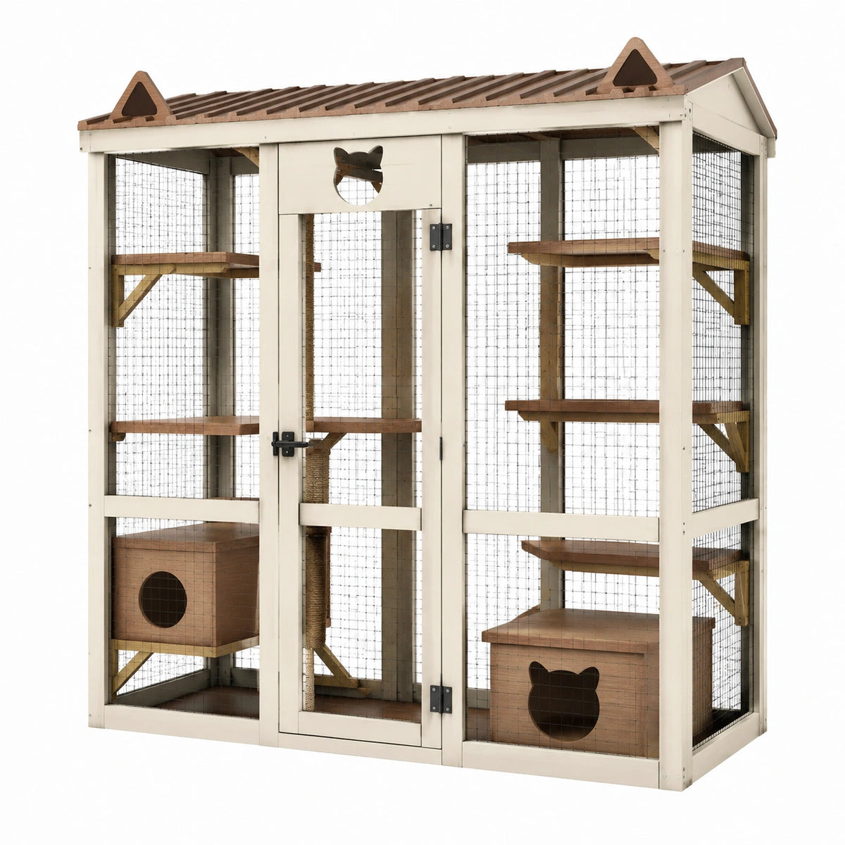 Chalet extérieur en bois beige et marron pour chat, 120 x 80 x 180 cm