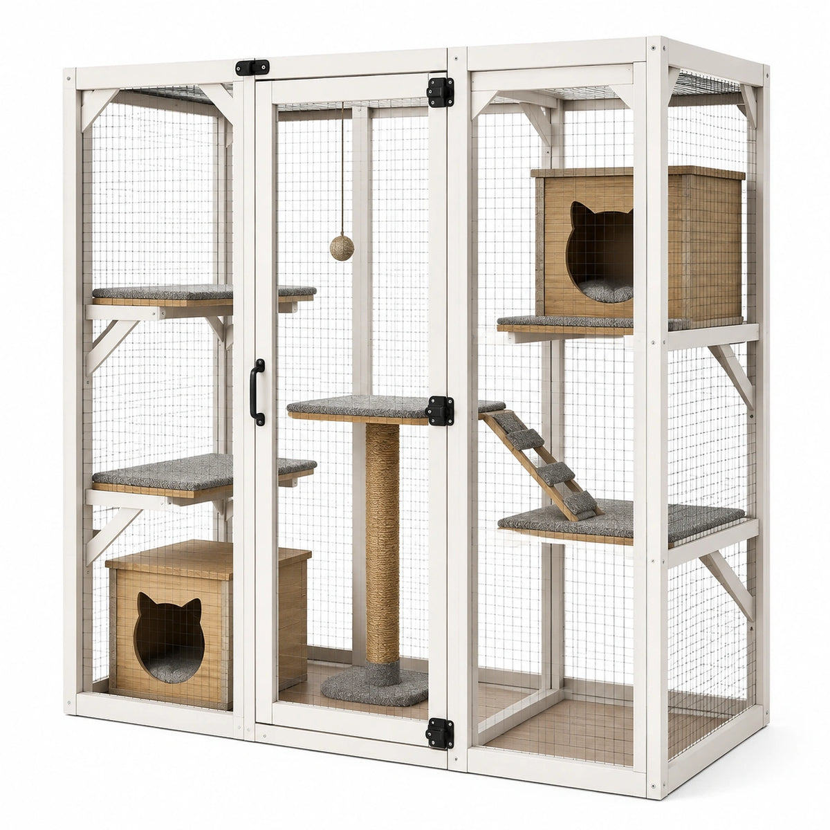 Structure verticale pour chat 180 x 90 x 180 cm en bois blanc, naturel, gris et noir avec grillage et plateformes