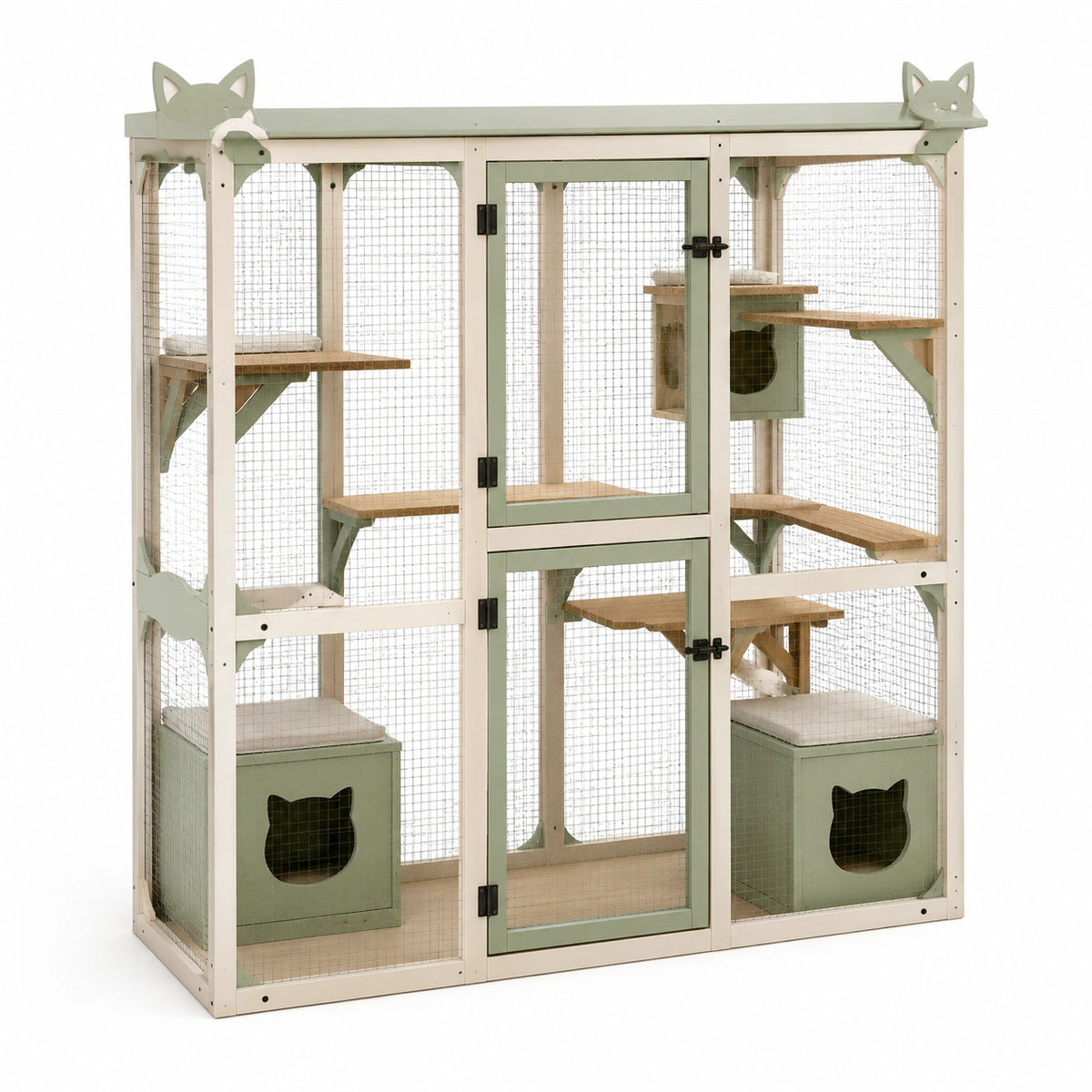 Enclos pour chat à plusieurs niveaux en bois et métal, vert sauge, blanc et naturel, 150 x 70 x 180 cm