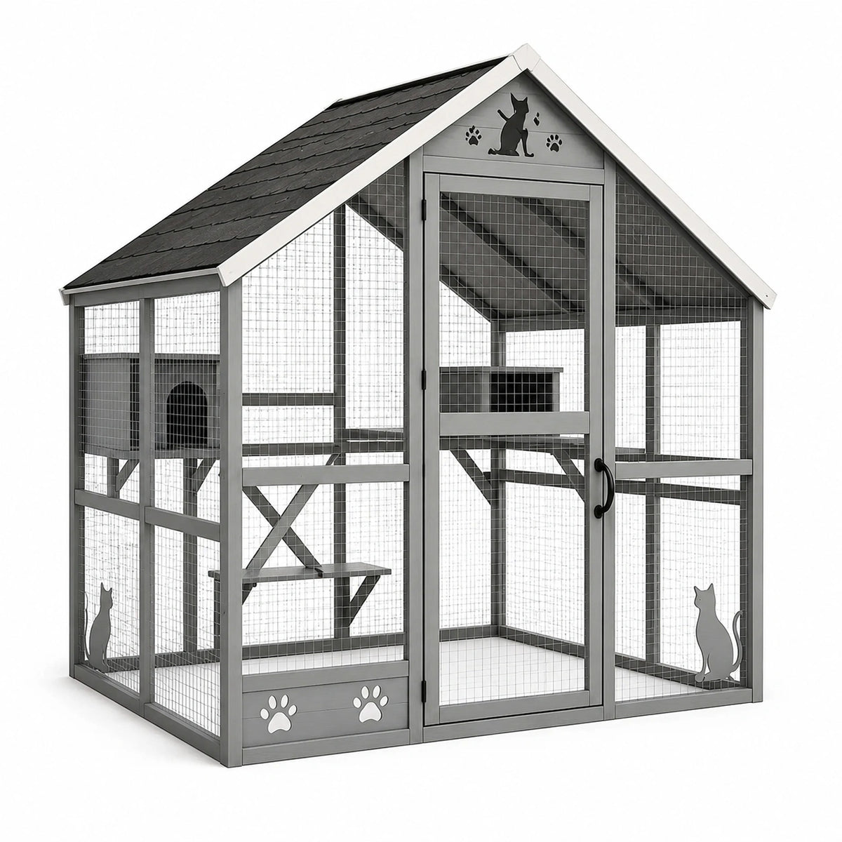 Enclos extérieur pour chat 180 x 120 x 180 cm en bois Gris, Noir et Blanc avec toit et plateformes