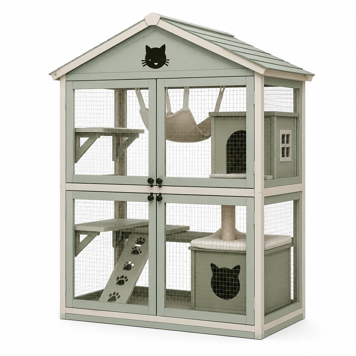 Enclos intérieur pour chat 120 x 70 x 180 cm en bois et métal Vert sauge, Blanc, Noir et Beige