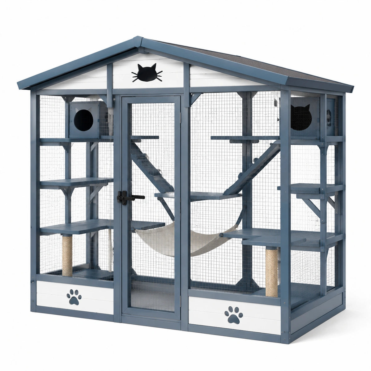 Enclos extérieur pour chat 180 x 120 x 180 cm Bleu/Gris/Blanc avec toit, grillage et plateformes