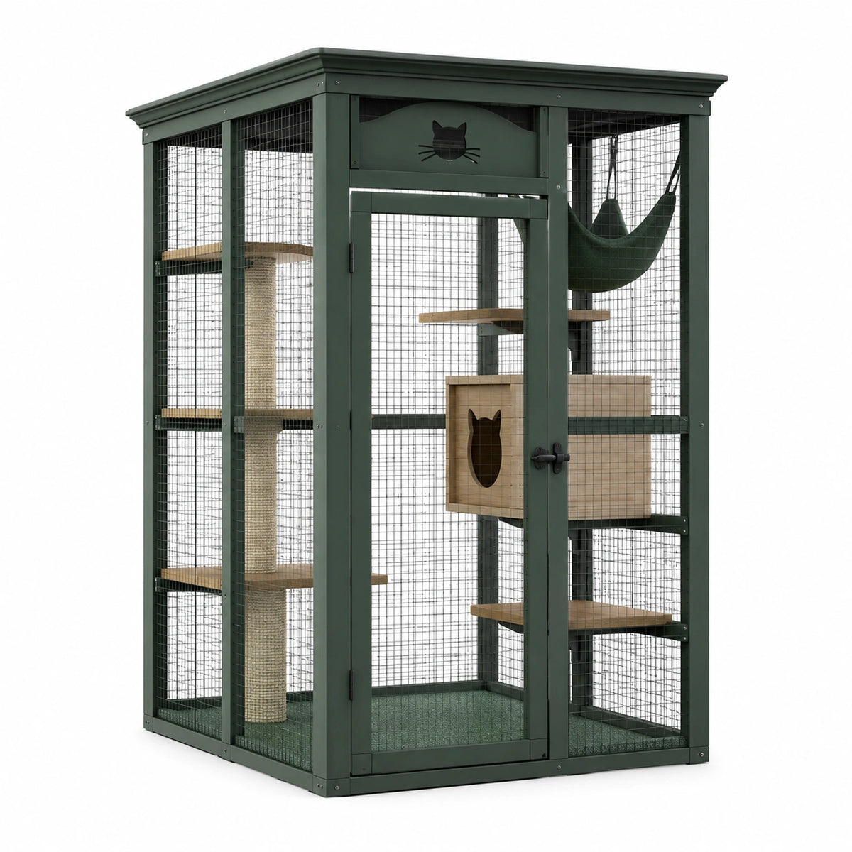 Enclos pour chat 120 x 80 x 180 cm vert foncé en bois et métal avec plateformes, griffoir, hamac et niche