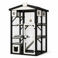 Enclos vertical pour chat à plusieurs niveaux 100 x 60 x 150 cm en bois noir, blanc et gris avec grillage