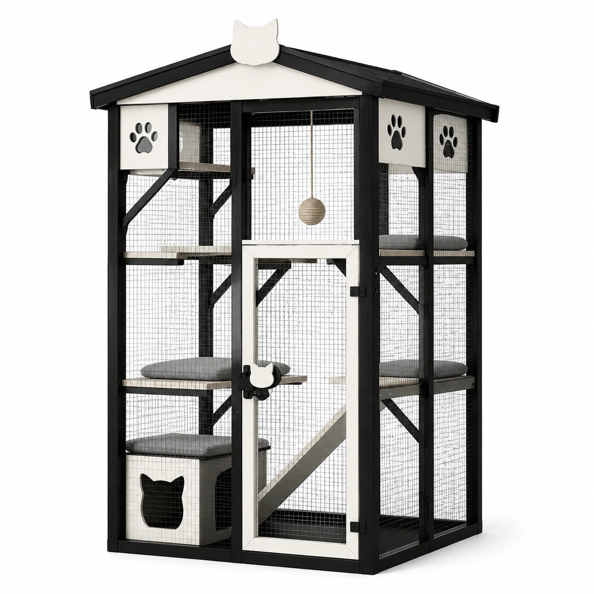 Enclos vertical pour chat à plusieurs niveaux 100 x 60 x 150 cm en bois noir, blanc et gris avec grillage