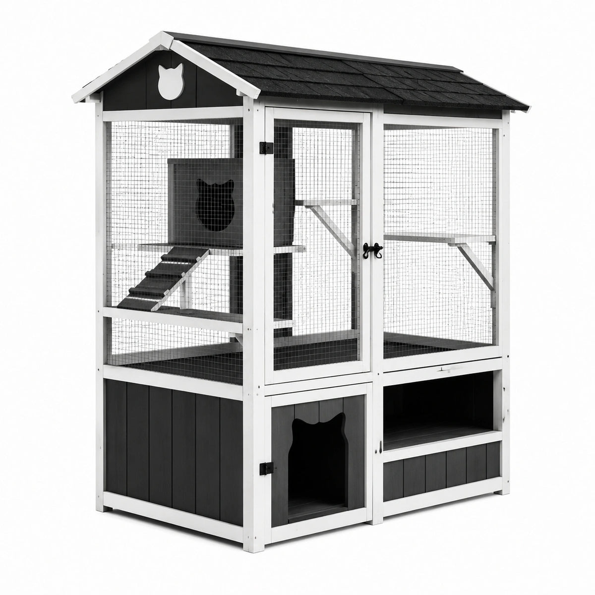 Enclos pour chat en bois blanc et noir 120 x 60 x 160 cm avec toit incliné et grillage