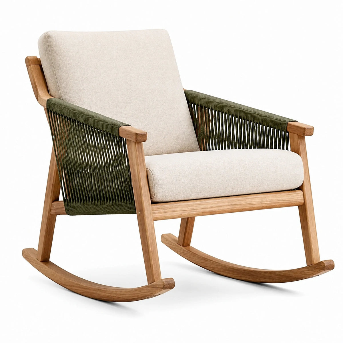 Fauteuil à bascule en bois naturel, corde vert olive et tissu beige, 68 x 92 x 98 cm