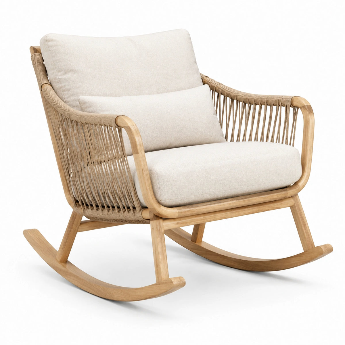 Fauteuil à bascule en bois naturel et beige, 80 x 98 x 90 cm