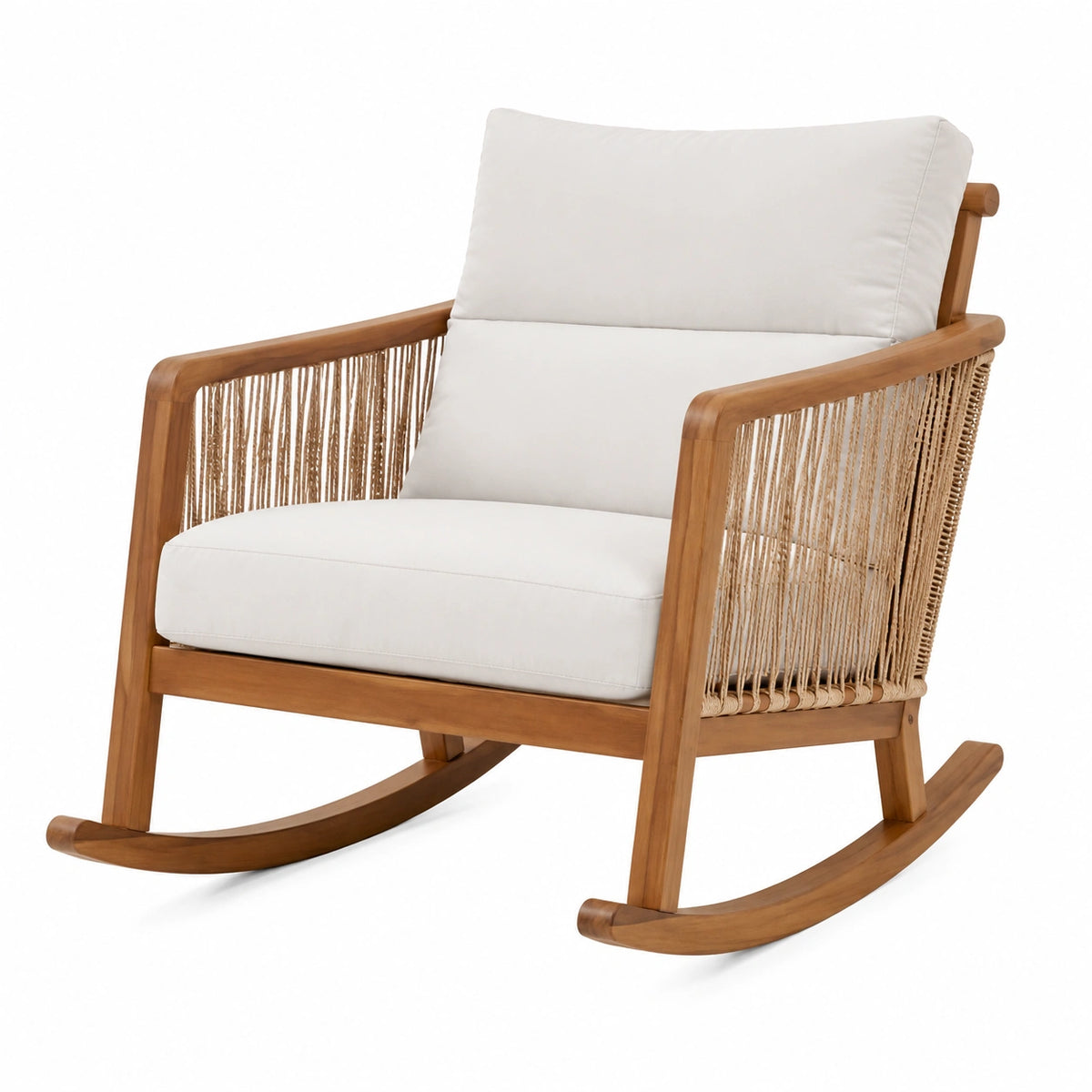 Fauteuil à bascule en bois marron avec corde beige et coussins blancs, 76 x 92 x 98 cm
