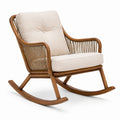 Fauteuil à bascule en bois marron et corde tressée avec coussins beiges, 68 x 96 x 100 cm