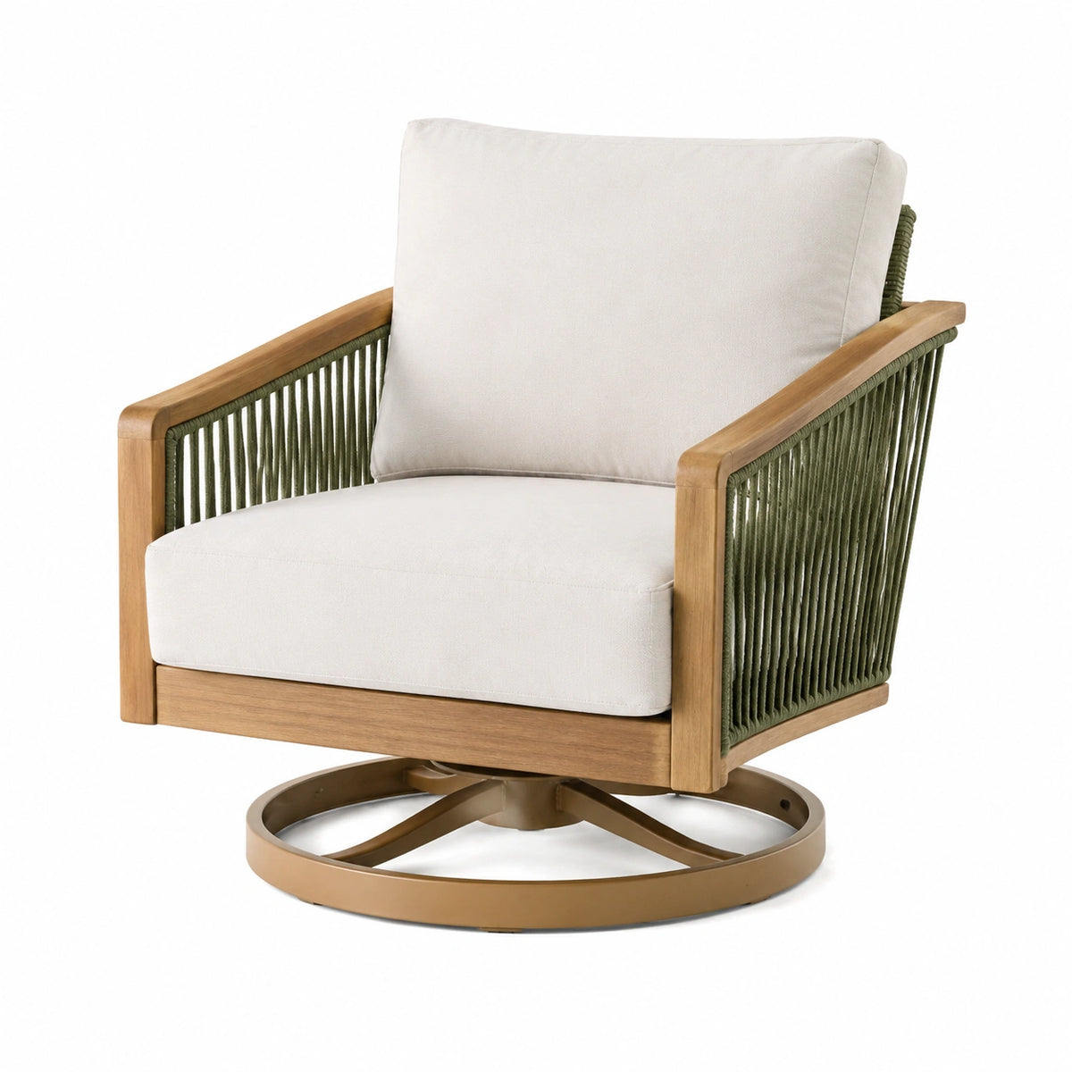 Fauteuil pivotant contemporain en bois, corde verte et coussins beiges, 82 x 78 x 88 cm