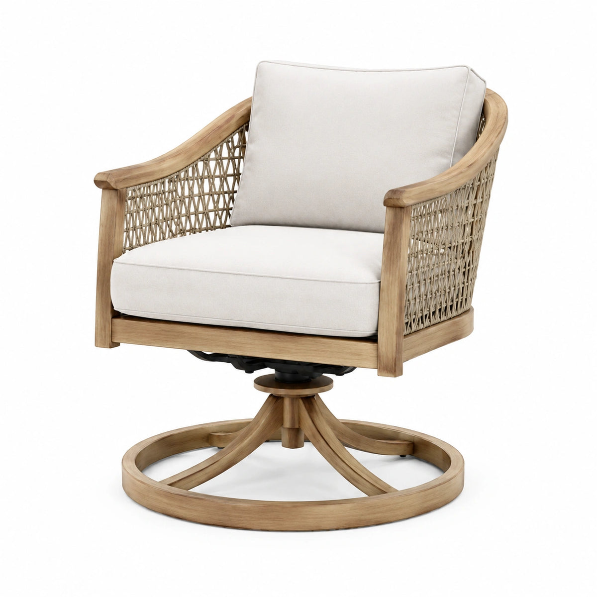 Fauteuil pivotant 78 x 76 x 92 cm en bois naturel et corde tressée avec coussins beiges