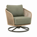 Fauteuil pivotant contemporain en cordage beige, tissu vert et métal noir, 80 x 78 x 85 cm