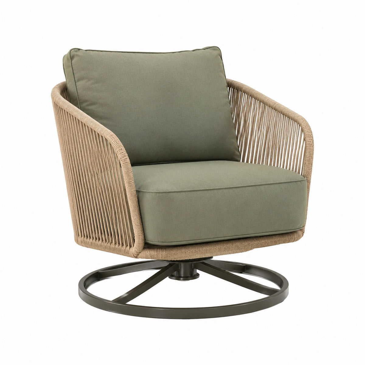 Fauteuil pivotant contemporain en cordage beige, tissu vert et métal noir, 80 x 78 x 85 cm