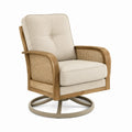 Fauteuil pivotant en bois, cannage et tissu beige, 78 x 82 x 94 cm