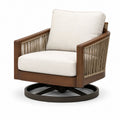 Fauteuil pivotant en bois, corde tressée et tissu beige, 78 x 80 x 88 cm