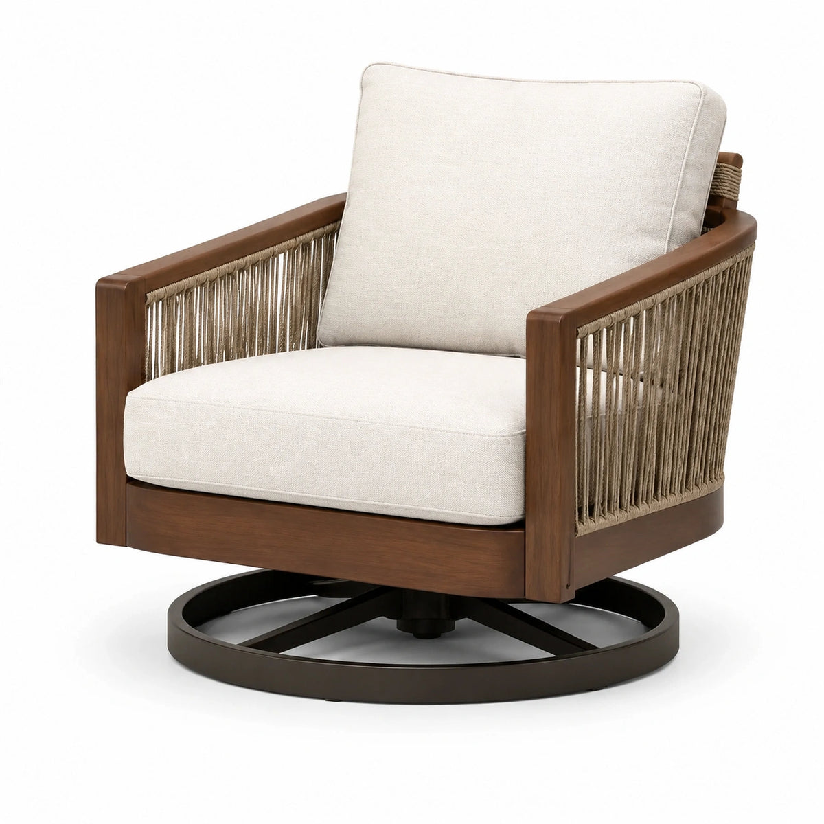 Fauteuil pivotant en bois, corde tressée et tissu beige, 78 x 80 x 88 cm