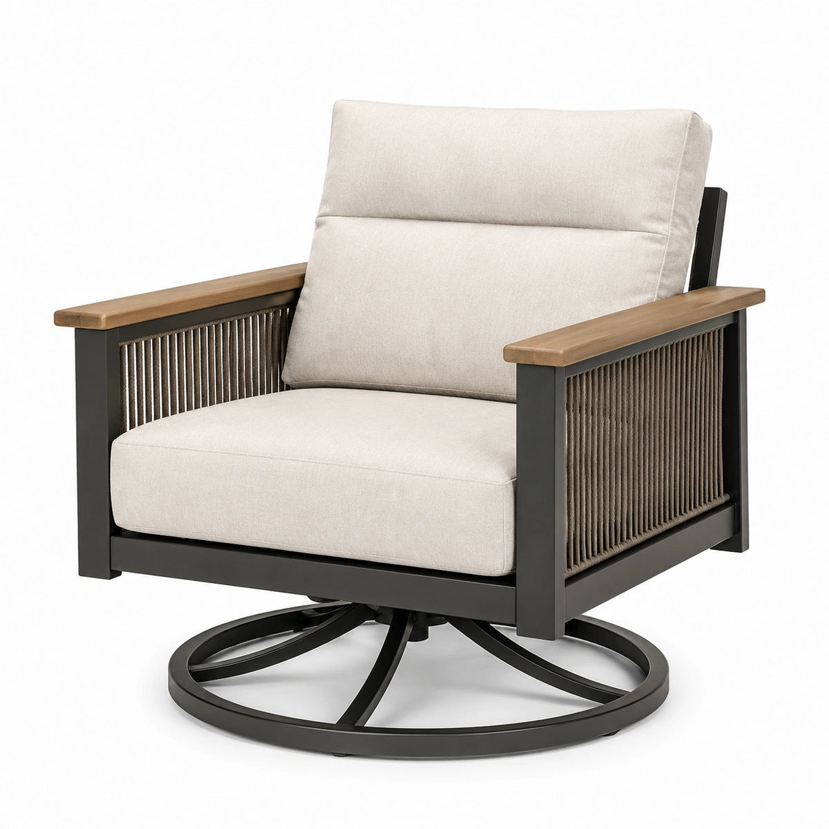 Fauteuil pivotant contemporain 82 x 85 x 92 cm en métal, bois et textile beige