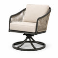 Fauteuil pivotant d'extérieur contemporain 78 x 78 x 90 cm en aluminium noir, corde et coussins beiges