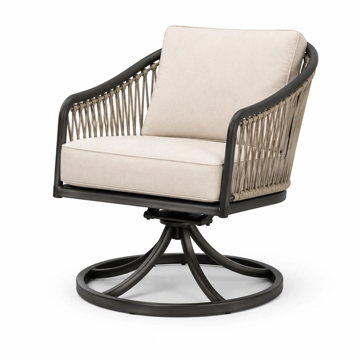 Fauteuil pivotant d'extérieur contemporain 78 x 78 x 90 cm en aluminium noir, corde et coussins beiges